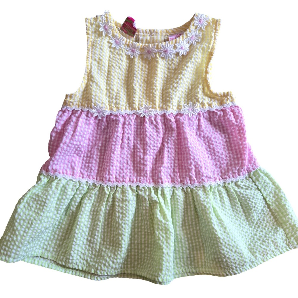 VTG Little Lindsey Girls 24M Gingham‎ Seersucker Tiered Dress Floral Lace Pastel
